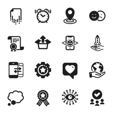 Gönder kutusu, ayarlar gibi bir dizi teknoloji simgesi. Sertifika, onaylı grup, gezegeni kurtarma. Yapay zeka, konuşma balonu, kitle fonlaması. Kurtarma dosyası, Kalp, Konum. Vektör