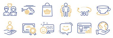 Medikal helikopter, web raporu gibi iş simgeleri. Sertifika, gezegeni kurtar. Çift sevgisi, Espresso, işe alım. Gülümseyin, grup, 360 derece. Gülümse, çevrimiçi satın alma simgeleri. Vektör