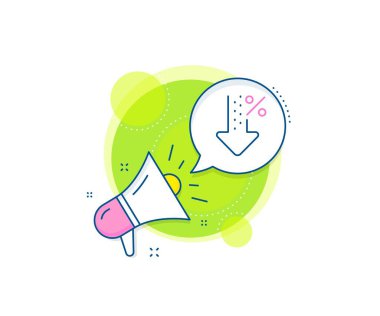 İndirim tabelası. Megafon tanıtım kompleksi ikonu. Düşük yüzde çizgi simgesi. Kredi yüzdesi azalma sembolü. İş pazarlama afişi. Düşük yüzde işareti. Vektör