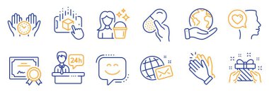 Güvenli zaman, resepsiyon masası gibi simgeler. Sertifika, gezegeni kurtar. Hediye, temizlik, romantik konuşma. Kapsül hapı, gülen surat, dünya postaları. Vektör