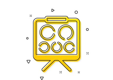 Göz kliniği işareti. Görüntü tahtası simgesi. Optometri sembolü. Sarı daireler şeklinde. Klasik hayal tahtası simgesi. Geometrik elementler. Vektör