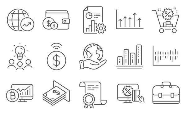 Set of Finance icons, such as Report, Online shopping. Diploma, ideas, save planet. Portfolio, Bitcoin chart, Shopping cart. Graph chart, Buying accessory, Contactless payment. Vector