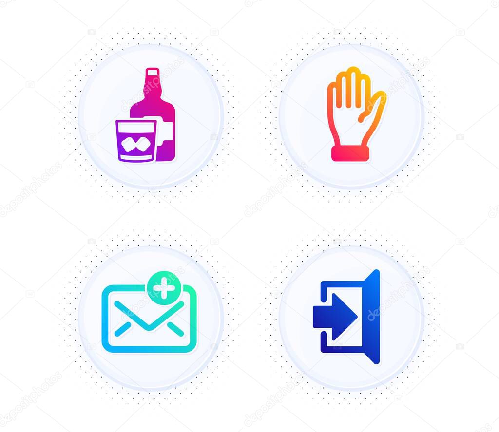 Hand, Whiskey glass and New mail icons simple set. Button with halftone dots. Exit sign. Waving palm, Scotch drink, Add e-mail. Escape. Business set. Gradient flat hand icon. Vector