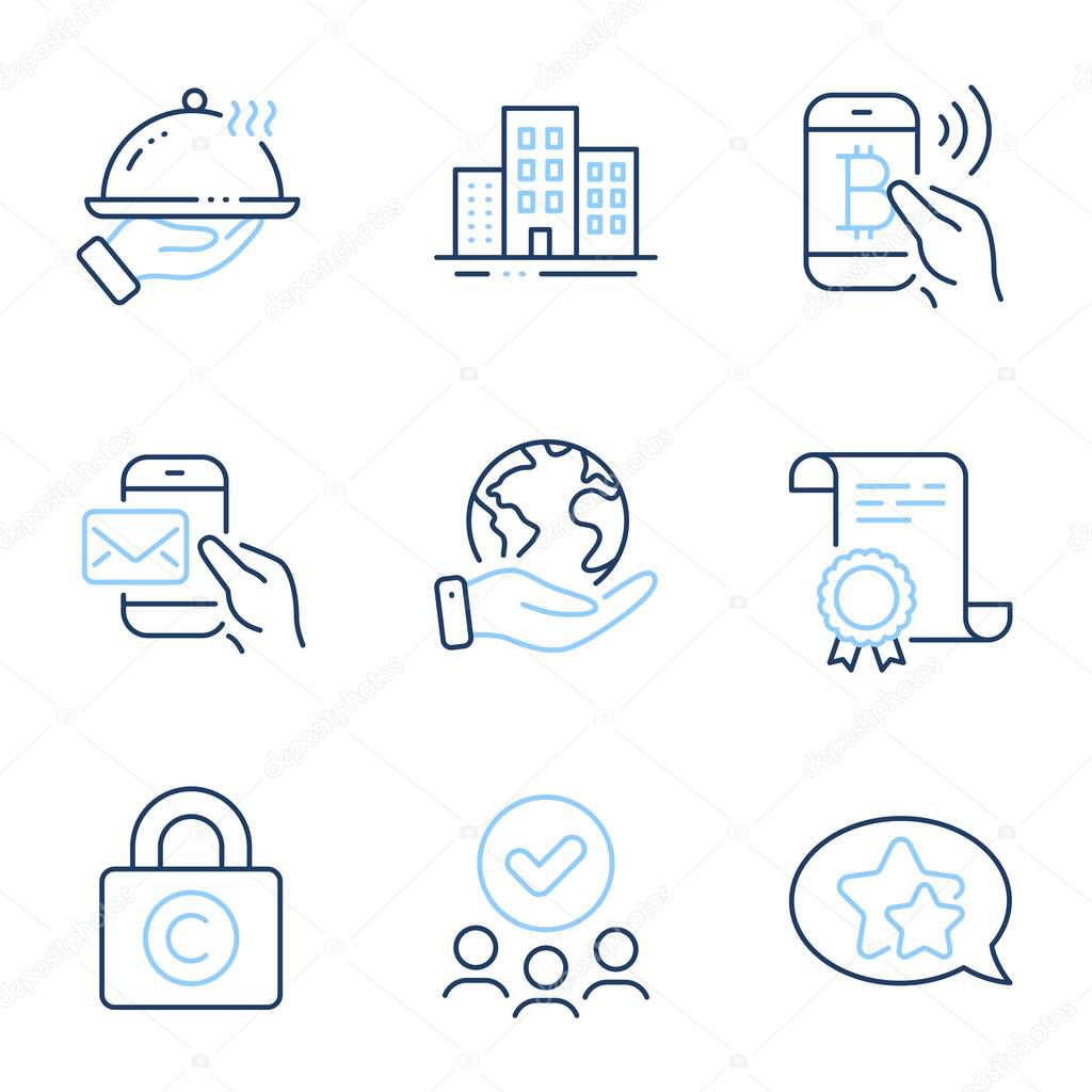 Bitcoin pay, Copyright locker and Star line icons set. Diploma certificate, save planet, group of people. Restaurant food, Messenger mail and Buildings signs. Vector