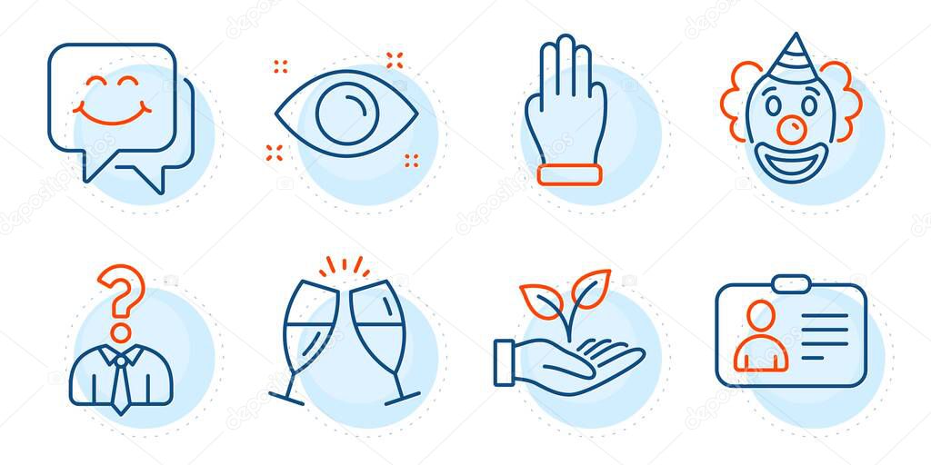 Champagne glasses, Id card and Helping hand signs. Three fingers, Health eye and Smile face line icons set. Hiring employees, Clown symbols. Click palm, Optometry. People set. Vector