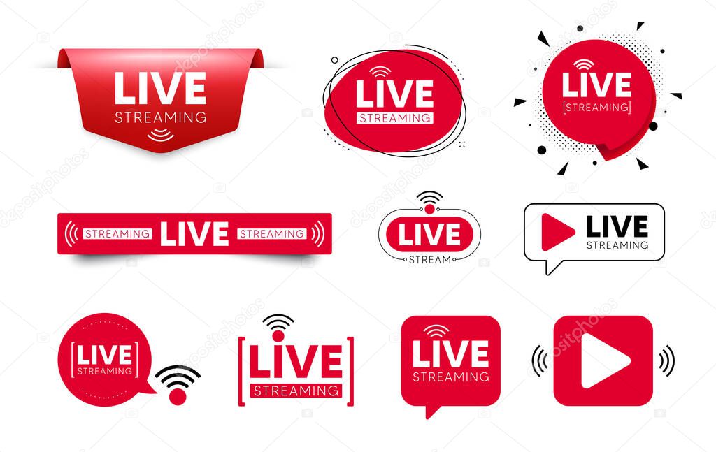 Live streaming icons. Red buttons of broadcasting, live online stream. Play video streaming sign. Broadcast television banner. Template for tv news, shows and live performance. Vector speech bubbles