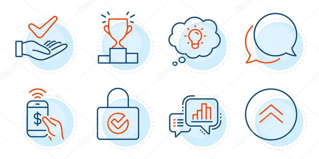 Dermatologically tested, Phone payment and Swipe up signs. Energy, Winner podium and Graph chart line icons set. Chat message, Password encryption symbols. Lightbulb, Competition results. Vector