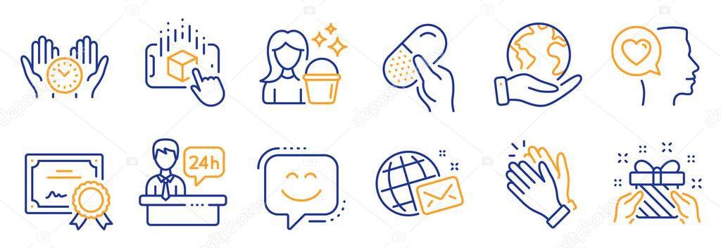 Set of People icons, such as Safe time, Reception desk. Certificate, save planet. Gift, Cleaning, Romantic talk. Capsule pill, Smile face, World mail. Vector