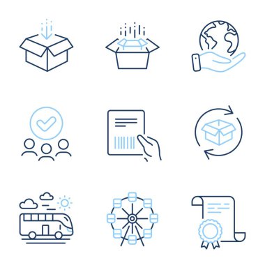 Dönme dolap, dönüş paketi ve kutu çizgisi simgeleri hazır olsun. Diploma sertifikası, gezegeni kurtarmak, bir grup insan. Paket faturası, otobüs yolculuğu ve kutu işaretleri. Vektör