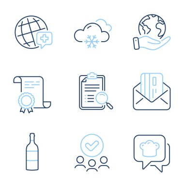 Dünya ilaçları, şarap şişesi ve kredi kartı ikonları. Diploma sertifikası, gezegeni kurtarmak, bir grup insan. Kar havası, yemek pişirme şapkası ve arama analiz işaretleri. Vektör