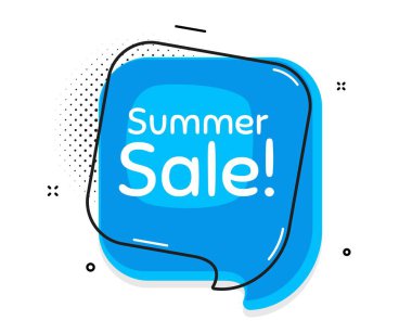 Yaz Satışı. Sohbet balonu. Özel fiyat tabelası. Reklam indirimi sembolü. Replikli konuşma balonu. Yaz indirimi tanıtım mesajı. Vektör