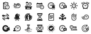 Takvim seti, zaman yönetimi zamanlayıcısı ve teslimat servis simgeleri. Zaman simgeleri. Kontrol listesi, Kronometre zamanlayıcısı ve kum saati. 24 saat ve sunum, takvim, kontrol listesi testi. Vektör