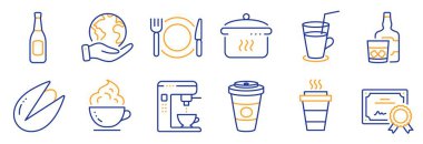 Yiyecek ve içecek ikonları, paket servis, bira gibi. Sertifika, gezegeni kurtar. Fıstıklı fıstık, viski bardağı, paket kahve. Kahve makinesi, kaynatma tavası, kokteyl. Restoran yemek hattı ikonları. Vektör