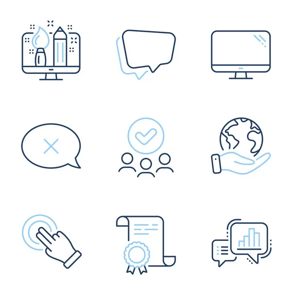 Touchscreen Geste Sprechblase Und Diagrammzeilensymbole Gesetzt Diplom Zertifikat Rettet Den — Stockvektor