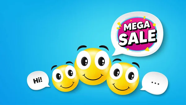 Mega Sale Lächeln Gesicht Blauen Hintergrund Lustige Gesichtsbewegungen Rundes Cartoon — Stockvektor