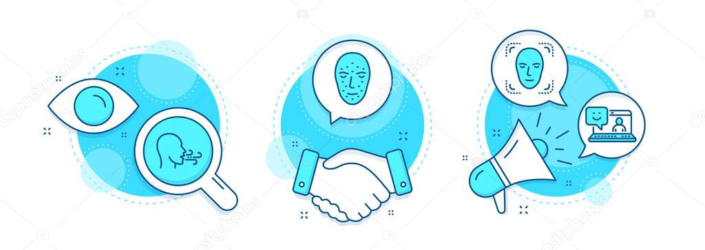 Smile, Face detection and Breathing exercise line icons set. Handshake deal, research and promotion complex icons. Face biometrics sign. Laptop feedback, Detect person, Breath. Vector