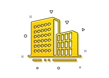 Şehir mimarisi tabelası. Binaların simgesi. Gökdelen bina sembolü. Sarı daireler şeklinde. Klasik bina ikonu. Geometrik elementler. Vektör
