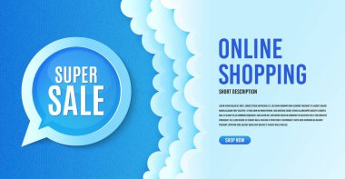 Süper Satış. Bulutların pankart şablonu. Özel fiyat tabelası. Reklam indirimi sembolü. Özel teklifli konuşma balonu. Çevrimiçi alışveriş pankartları ve bulutlar. Süper satış promosyonu. Vektör