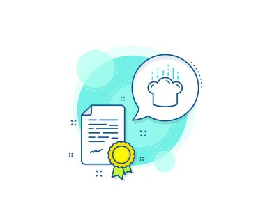 Şef işareti. Sertifika kompleksi simgesi. Yemek pişirme ikonu. Yemek hazırlama sembolü. Sertifika veya diploma belgesi. Yemek şapkası tabelası. Vektör