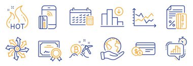 Temassız ödeme, kredi kartı gibi finansal simgeler. Sertifika, gezegeni kurtar. Diyagram şeması, çok yönlü, indirimli satış. Bitcoin madenciliği, ödeme yöntemi, takvim. Vektör