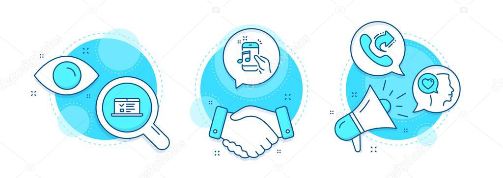 Music phone, Web lectures and Romantic talk line icons set. Handshake deal, research and promotion complex icons. Share call sign. Radio sound, Online test, Love chat. Phone support. Vector
