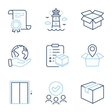 Paket konumu, Deniz feneri ve Paket kontrol listesi satır simgeleri ayarlandı. Diploma sertifikası, gezegeni kurtarmak, bir grup insan. Asansör, Kutu Aç ve Paket işaretleri. Vektör