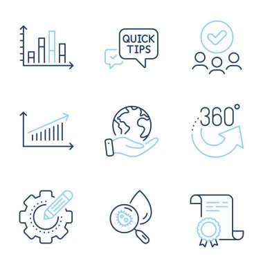 Diyagram grafiği, grafik ve su analiz çizelgesi simgeleri ayarlandı. Diploma sertifikası, gezegeni kurtarmak, bir grup insan. Hızlı ipuçları, ayarlar ve 360 derece işaretler. Vektör