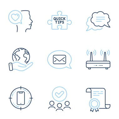 Kısa mesaj, Wiifi ve Quick uç satırı simgeleri ayarlandı. Diploma sertifikası, gezegeni kurtarmak, bir grup insan. Romantik konuşmalar, Messenger ve Smartphone hedef işaretleri. Vektör