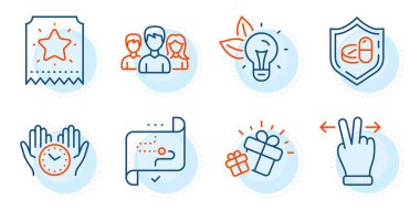 Eko enerji, tıbbi tablet ve sadakat biletleri. Güvenli zaman, dokunmatik ekran hareketi ve hedef çizgisi simgeleri ayarlandı. Takım çalışması, hediye sembolleri. Saati tut, Swipe. İş seti. Taslak simgeleri ayarlandı. Vektör