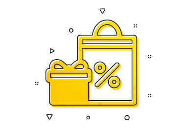 Hediye ya da indirim tabelası. Alışveriş poşeti ikonlu hediye kutusu. İndirimli doğum günü alışverişi sembolü. Hediye paketinde paket var. Sarı daireler şeklinde. Klasik alışveriş ikonu. Geometrik elementler. Vektör