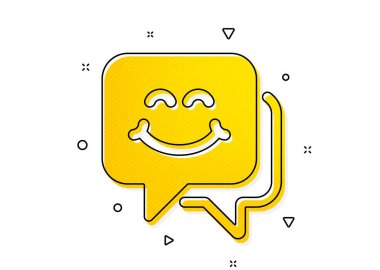 Mutlu emoticon sohbet işaretleri. Gülen surat ikonu. Konuşma balonu sembolü. Sarı daireler şeklinde. Klasik gülücük ikonu. Geometrik elementler. Vektör