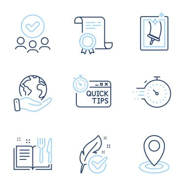 Konum, yemek tarifi kitabı ve hipoalerjenik test çizgisi simgeleri ayarlandı. Diploma sertifikası, gezegeni kurtarmak, bir grup insan. Hızlı ipuçları, pencere temizleme ve zamanlayıcı işaretleri. Harita göstergesi, yiyecek, tüy. Vektör