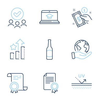 Web sitesi eğitimi, ödeme yöntemi ve sertifika satırı simgeleri ayarlandı. Diploma sertifikası, gezegeni kurtarmak, bir grup insan. UV koruması, kıdemli yıldızlar ve bira işaretleri. Vektör