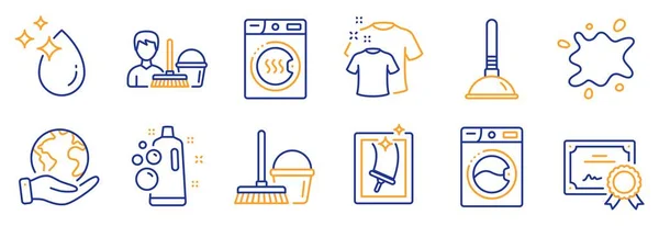一套清洁图标 如干燥机 带拖把的钮扣 拯救地球 干净的T恤 洗涤器 洗衣机 清洁泡沫 清洁服务 — 图库矢量图片