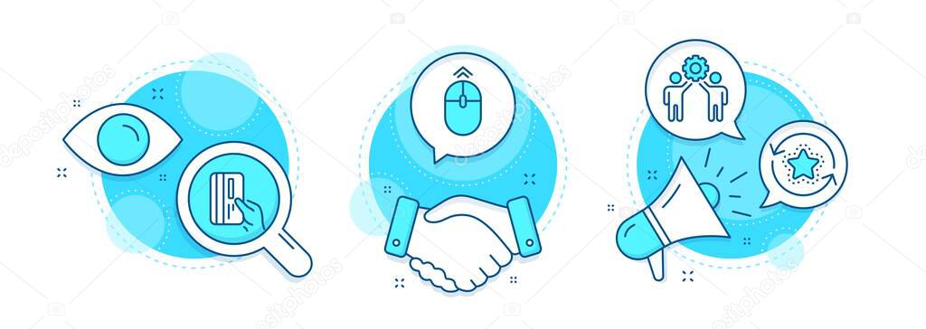 Swipe up, Employees teamwork and Loyalty points line icons set. Handshake deal, research and promotion complex icons. Payment card sign. Scrolling page, Collaboration, Bonus reward. Vector