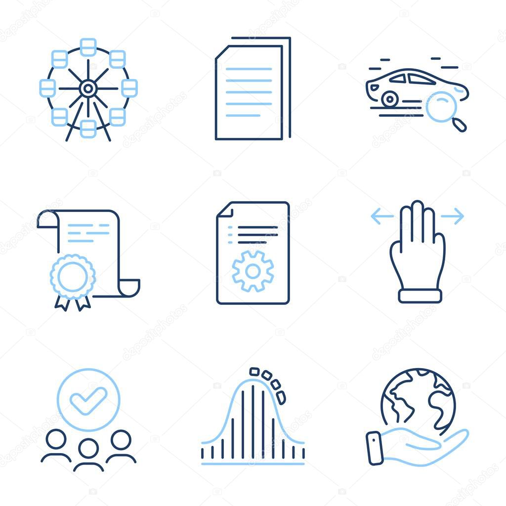 Copy files, Technical documentation and Ferris wheel line icons set. Diploma certificate, save planet, group of people. Search car, Roller coaster and Multitasking gesture signs. Vector