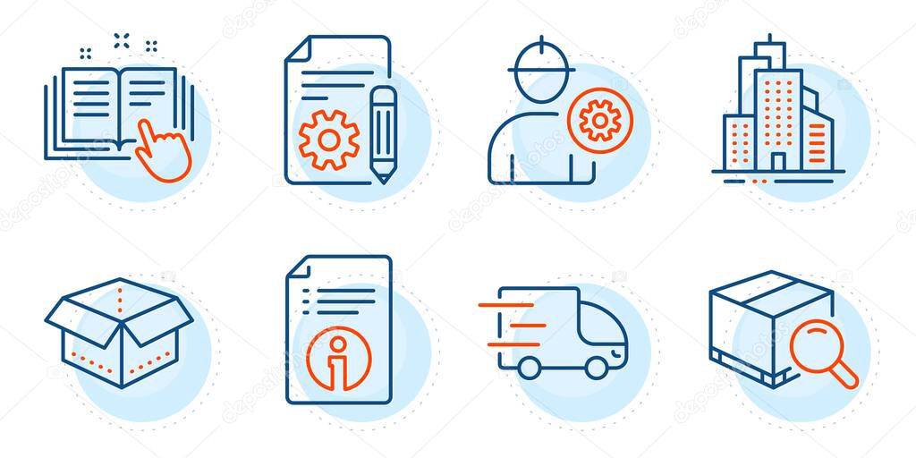 Engineer, Technical info and Open box signs. Search package, Skyscraper buildings and Technical documentation line icons set. Documentation, Truck delivery symbols. Outline icons set. Vector