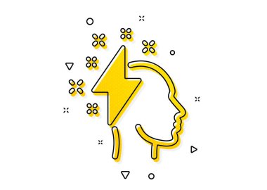 Yıldırım işaretli insan kafası. Yaratıcı beyin fırtınası ikonu. İlham sembolü. Sarı daireler şeklinde. Klasik beyin fırtınası ikonu. Geometrik elementler. Vektör