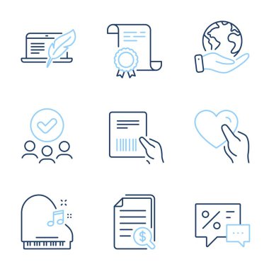 Telif hakkı dizüstü bilgisayarı, paket faturası ve kalp çizgisi simgeleri ayarlandı. Diploma sertifikası, gezegeni kurtarmak, bir grup insan. İndirim, Piyano ve Mali Belgeler. Vektör