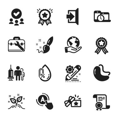 Sadakat Ödülü, Zaman Yönetimi gibi iş ikonları. Sertifika, onaylı grup, gezegeni kurtarma. Çıkış, proje düzenleme, alet çantası. Alkol yok, tıbbi aşı yok, Ab testi. Vektör