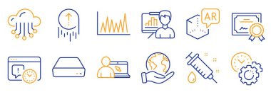 Bulut depolama, çizgi grafiği gibi bir takım bilim simgeleri. Sertifika, gezegeni kurtar. Proje bitiş tarihi, zaman yönetimi, kaydet. Mini PC, Çevrimiçi Eğitim, Sunum Kurulu. Vektör