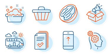 Ceviz fıstığı, yukarı kaydırma ve dağıtma işaretleri. Düşünceler, el yıkama ve otobüs seyahat çizgisi simgeleri ayarlandı. Alışveriş arabası, megafon kutusu sembolleri. İş, çamaşır leğeni. İş seti. Taslak simgeleri ayarlandı. Vektör