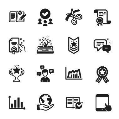 Onaylanmış belgeler, Tablet pc gibi bir dizi eğitim simgesi. Sertifika, onaylı grup, gezegeni kurtarma. Makas, diyagram grafiği, çalışan kurye. Daktilo, sertifika, zafer. Vektör