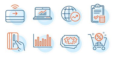 Dünya istatistikleri, Bar diyagramı ve Online istatistik tabelaları. Temassız ödeme, muhasebe listesi ve sadakat noktaları çizgisi simgeleri ayarlandı. Alışveriş arabası, ödeme kartı sembolleri. Taslak simgeleri ayarlandı. Vektör
