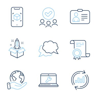 Açılış, Güncelleme verileri ve Sohbet ileti satırı simgeleri ayarlandı. Diploma sertifikası, gezegeni kurtarmak, bir grup insan. Laptop tamiri, güçlendirilmiş gerçeklik ve kimlik tabelaları. Vektör