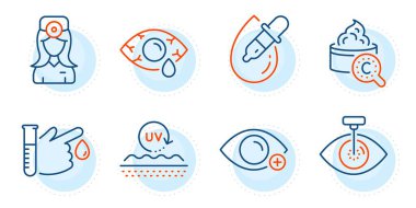 Kan bağışı, göz doktoru ve ultraviyole koruma işaretleri. Göz lazeri, hipermetrop ve göz damlaları, çizgi simgeleri ayarlandı. Kolajen deri sembolü. Optometri kliniği, Pipette. Sağlık hizmeti seti. Vektör