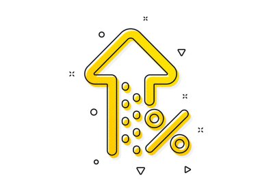 İndirim tabelası. Yüzde ikon artıyor. Kredi yüzdesi büyüyen sembol. Sarı daireler şeklinde. Klasik yüzde ikon artışı. Geometrik elementler. Vektör