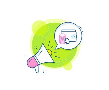 Nakit para işareti. Megafon tanıtım kompleksi ikonu. Bozuk para çizgisi ikonlu cüzdan. Ödeme yöntemi sembolü. İş pazarlama afişi. Ödeme yöntemi işareti. Vektör