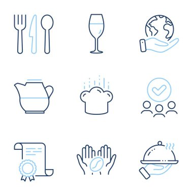 Restoran yemekleri, yemek pişirme şapkası ve kahve çizgisi ikonları. Diploma sertifikası, gezegeni kurtarmak, bir grup insan. Yiyecek, süt sürahisi ve şarap kadehi tabelaları. Oda servisi, Şef, kızarmış fasulye. Çatal bıçak. Vektör