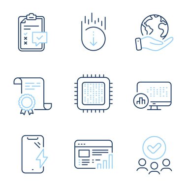 İşlemci, akıllı telefon şarjı ve kontrol listesi simgeleri ayarlandı. Diploma sertifikası, gezegeni kurtarmak, bir grup insan. Web raporu, istatistik raporları ve tabelaları kaydır. Vektör